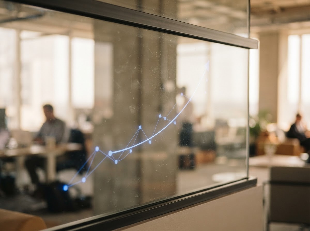 Subtle growth visualization reflected in office glass