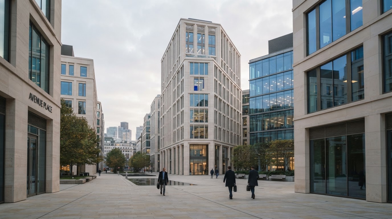 Modern city offices in soft morning light