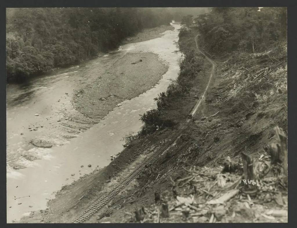 United Fruit Company railroad construction through Costa Rican river valley