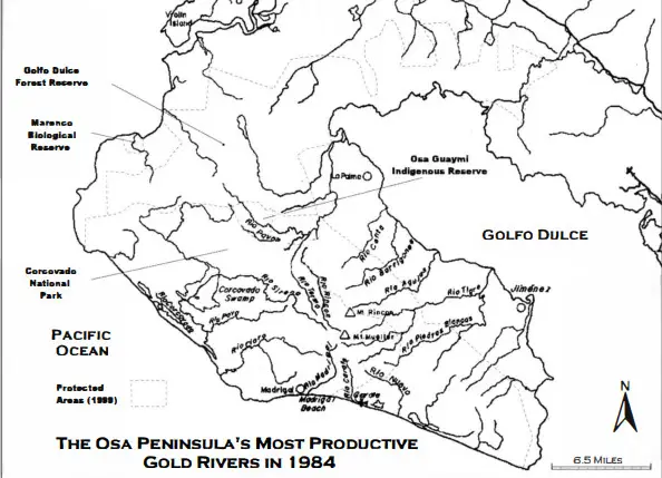 Map of the Osa Peninsula's most productive gold rivers in 1984