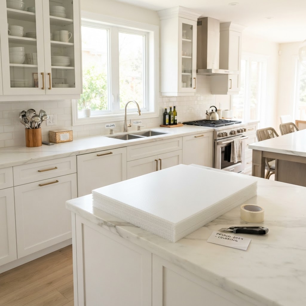 White corrugated plastic boards in a bright kitchen