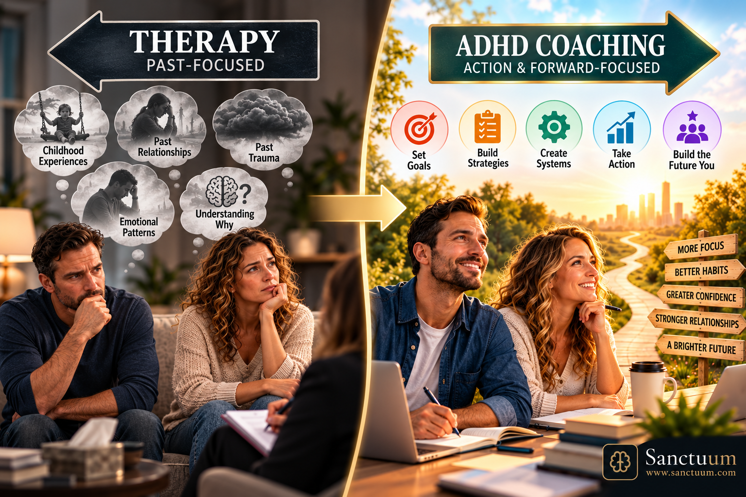 Featured image for ADHD Coaching vs Therapy for Executive Dysfunction: Which Do You Need? — Sanctuum ADHD Blog