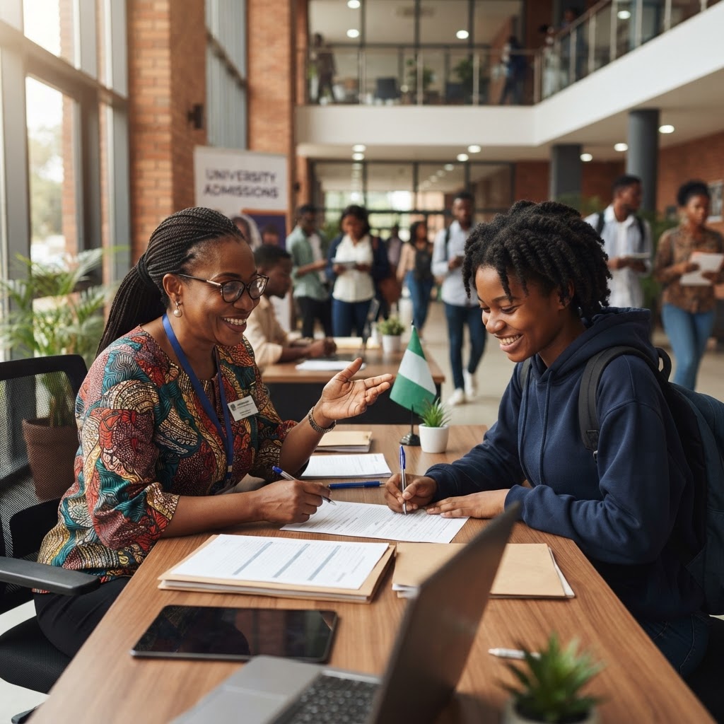 An ACTECH admissions officer welcoming a new student