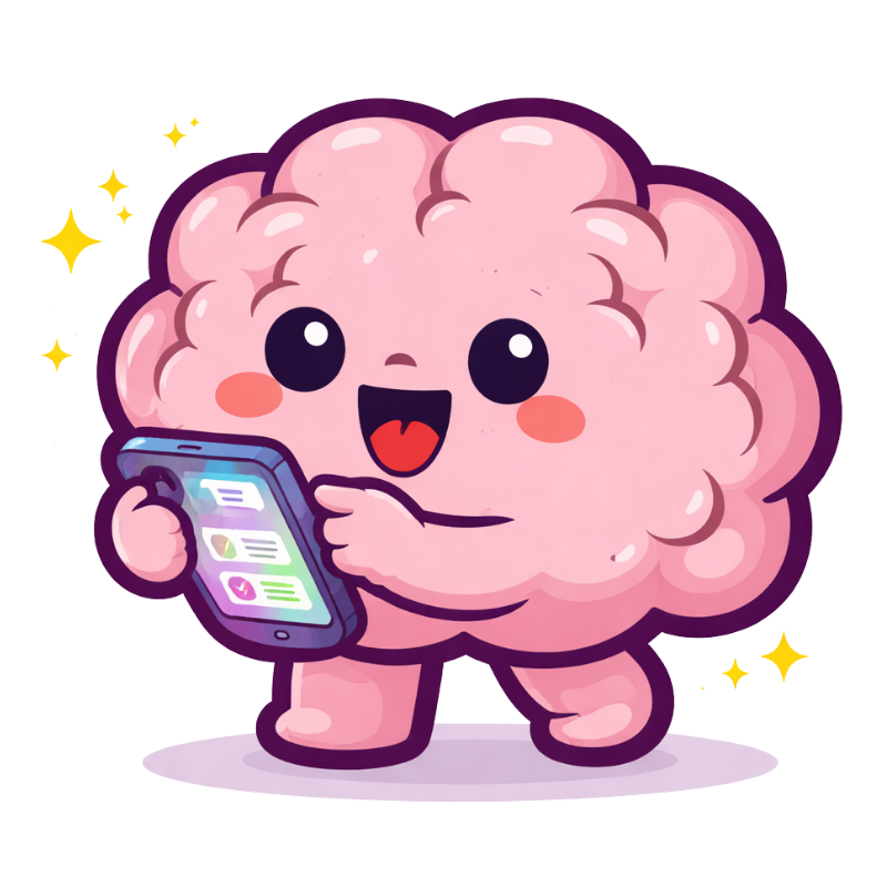 Noggin brain character holding a phone – study skills app for teens aged 10 to 16