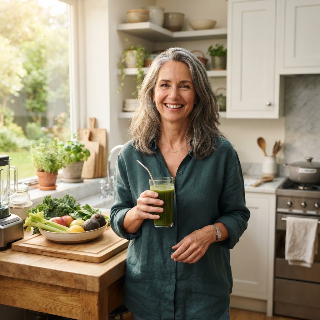 A vibrant woman over 40 holding a glass of green juice in her bright kitchen