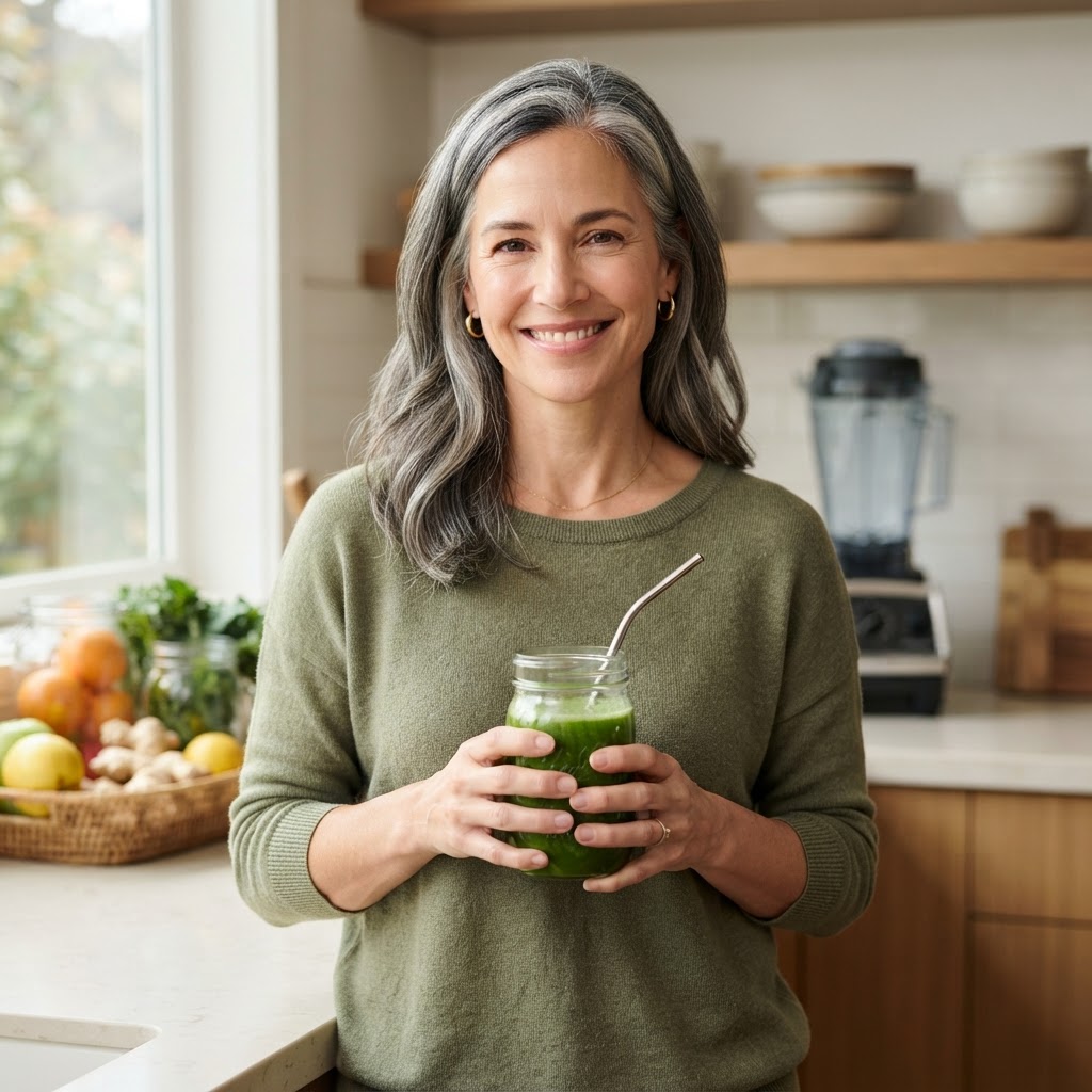 Woman over 40 enjoying a fresh green juice at home