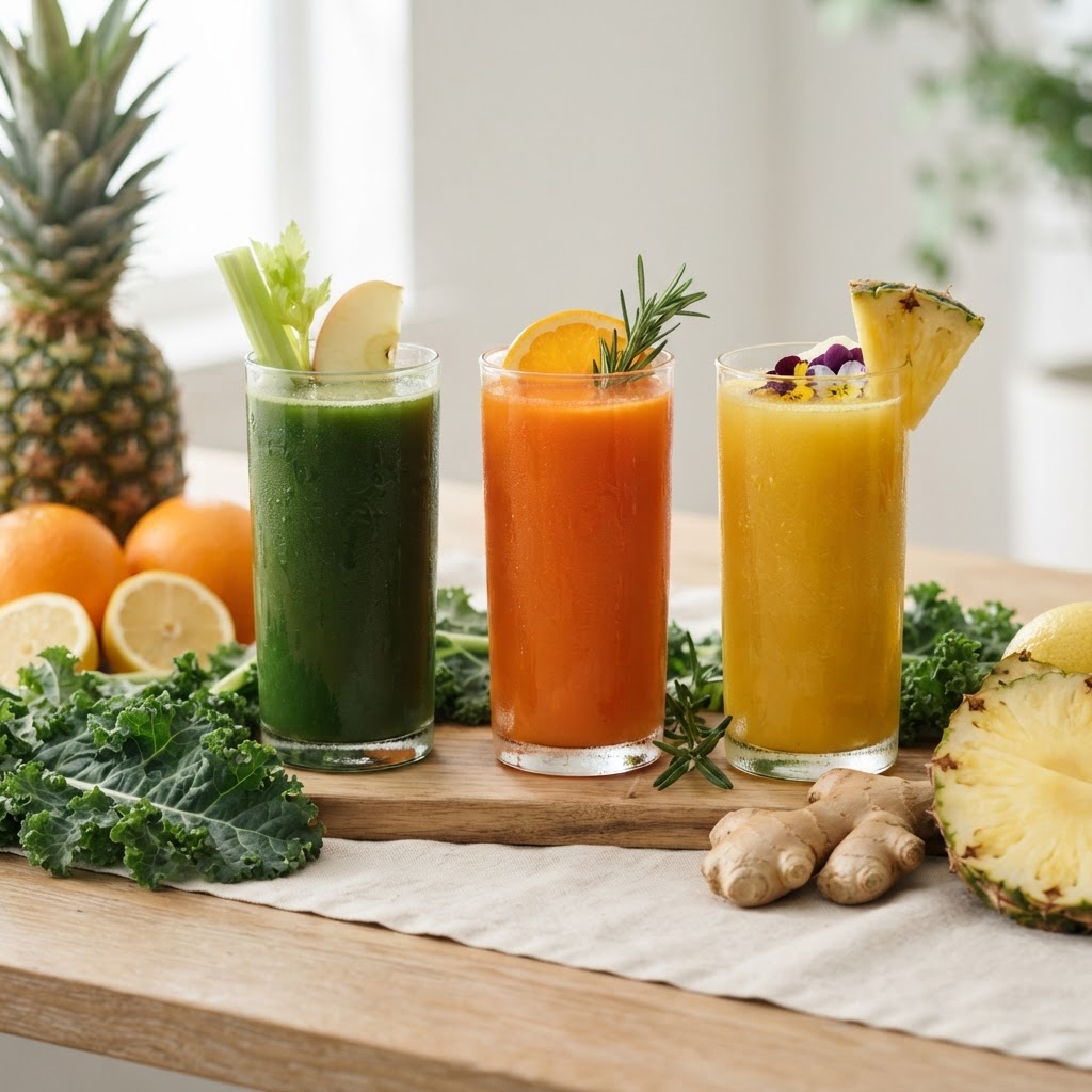 Fresh green, orange and yellow juices with whole produce