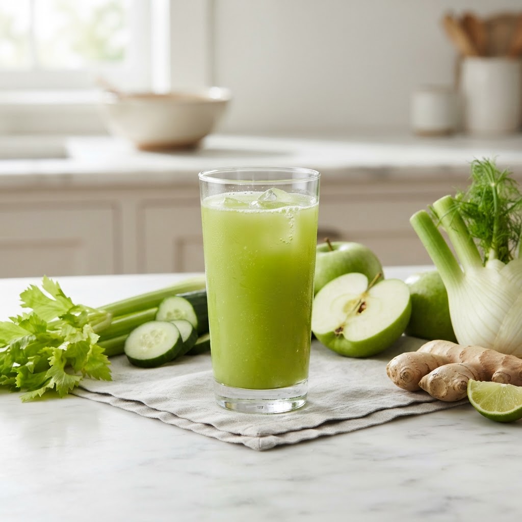 anti-bloat green juice with celery and cucumber — Why Your Body Holds Onto Weight Around the Middle After 40