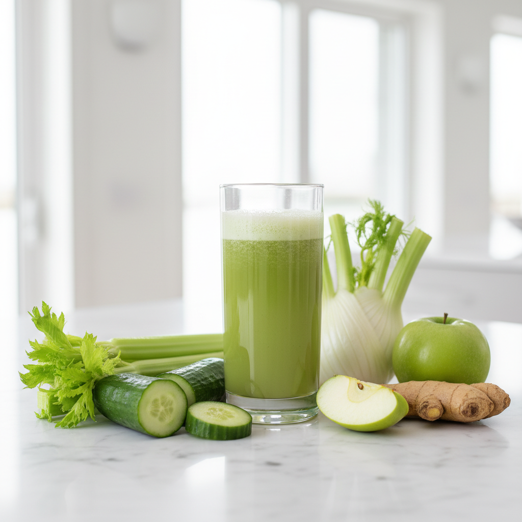anti-bloat green juice with celery and cucumber — Why Your Bloating Gets Worse in the Afternoon After 40