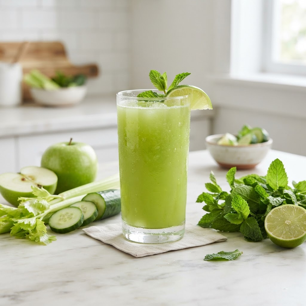 anti-bloat green juice with celery and cucumber — Why Your Cortisol Rhythm Disrups Your Gut Microbiome After 40 and How It Causes Nighttime Bloating