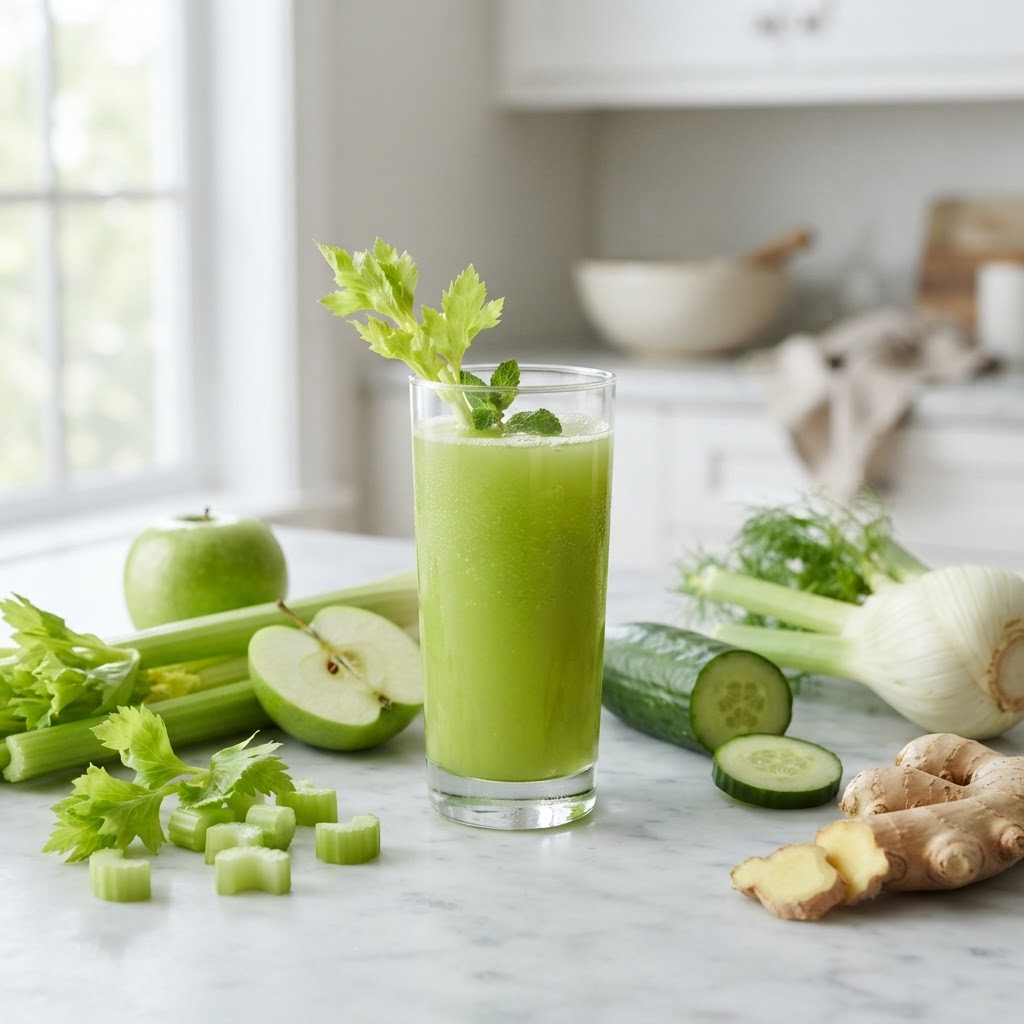 anti-bloat green juice with celery and cucumber — Why Your Lymphatic System Slows Down After 40 And How It Causes Persistent Bloating