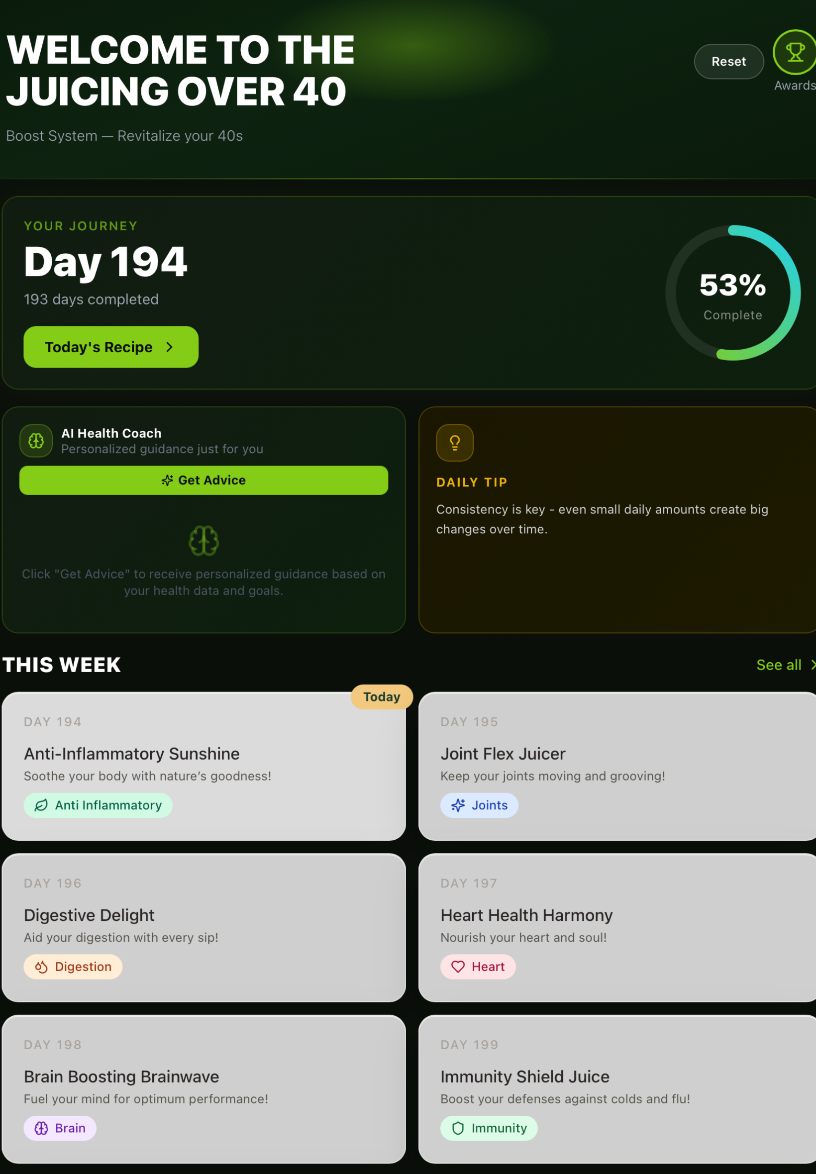 Juicing Over 40 member dashboard showing today's recipe, daily progress, and this week's juice plan