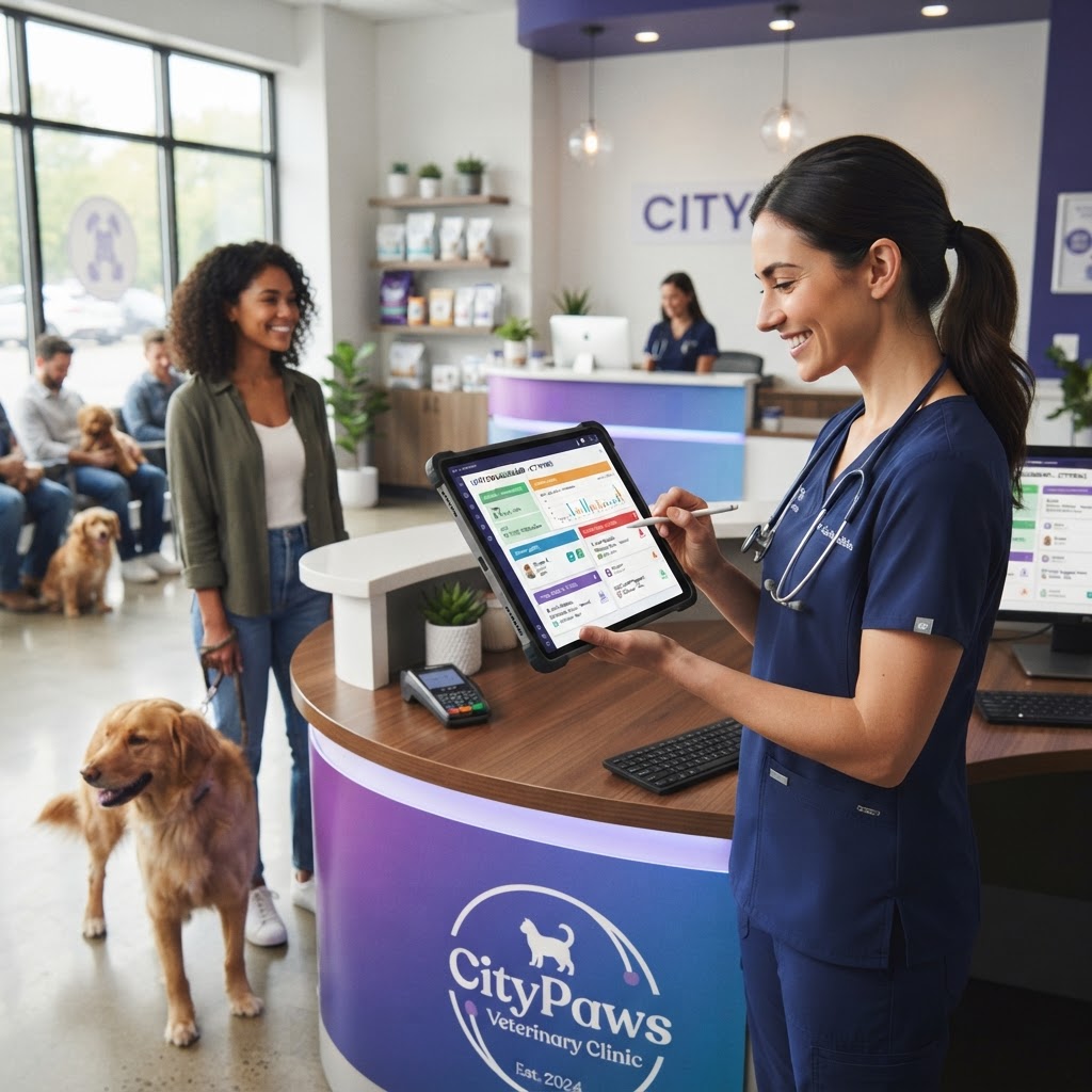 Veterinarian reviewing a unified veterinary practice management software dashboard on a tablet at a clinic reception desk