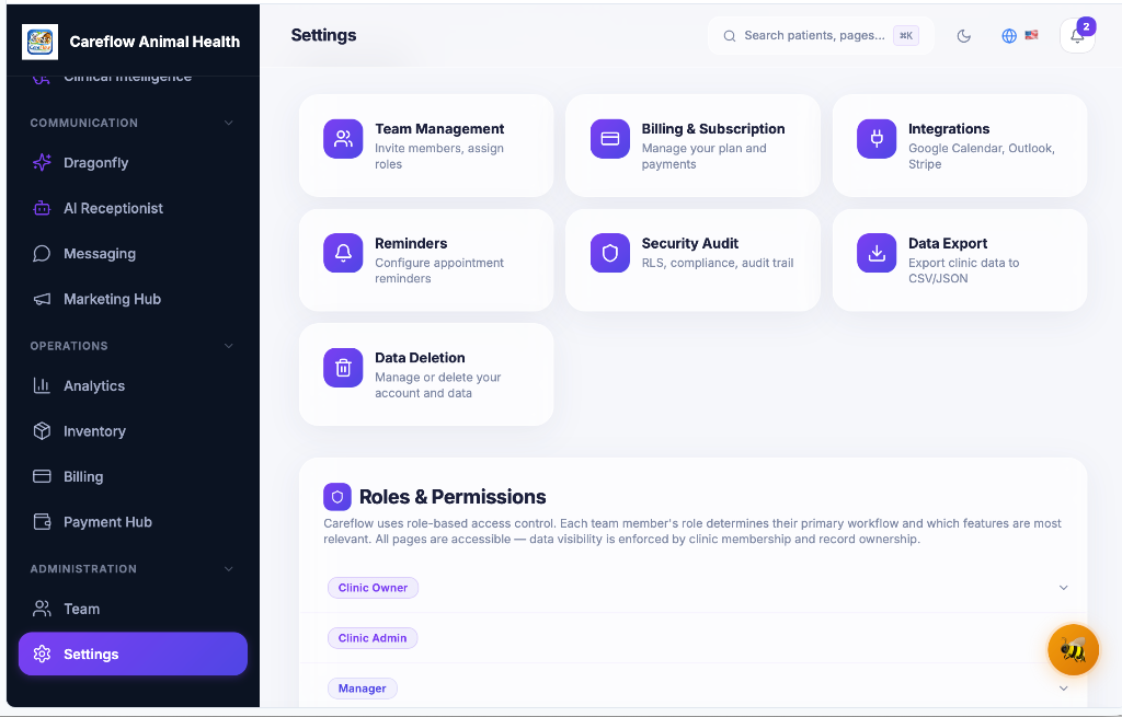 Settings & Control — Careflow Animal Health