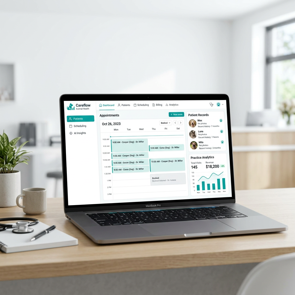 Careflow Animal Health dashboard — scheduling, SOAP notes, analytics