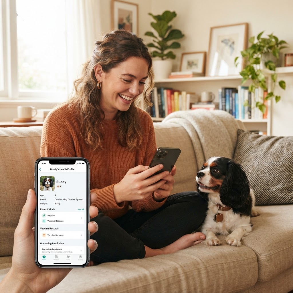 An owner at home with her dog, viewing her pet's profile on her phone
