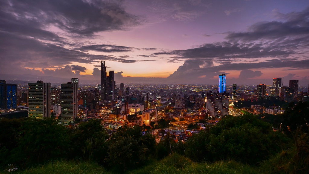 A city skyline at twilight