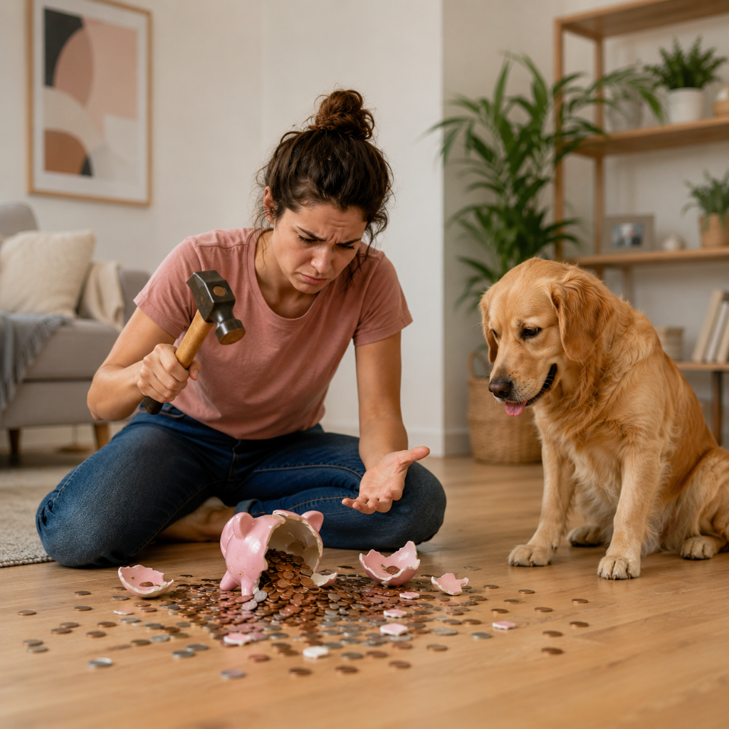 Femme étonnée devant une tirelire brisée — le vrai coût des cours d'éducation canine