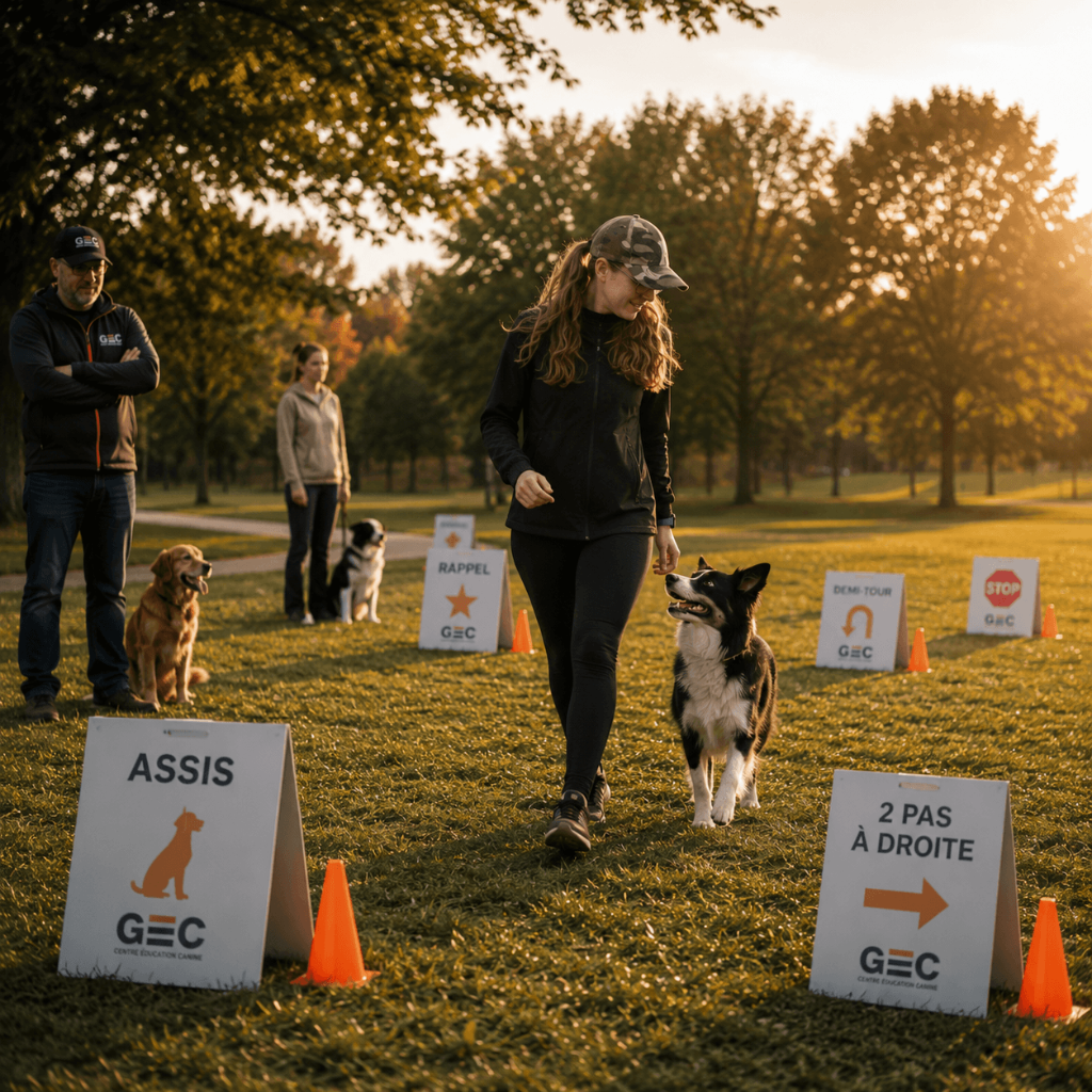 Rallye Obédience — éducateur et chien sur le terrain avec panneaux