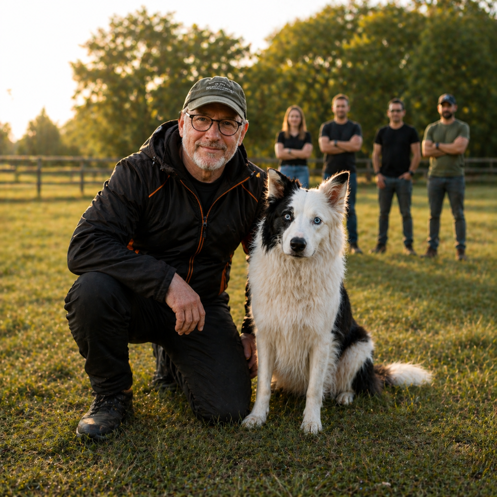 Éducateur canin avec son chien et son équipe