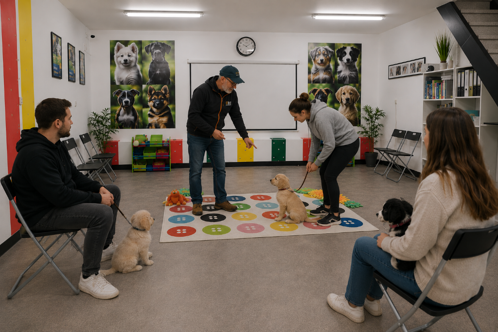 Maître et éducateur travaillent ensemble avec un chiot sur le tapis de la classe