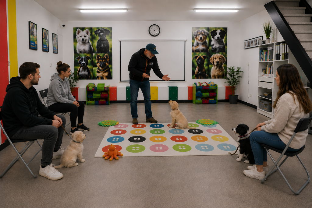 Éducateur qui guide un chiot golden retriever avec une friandise en classe