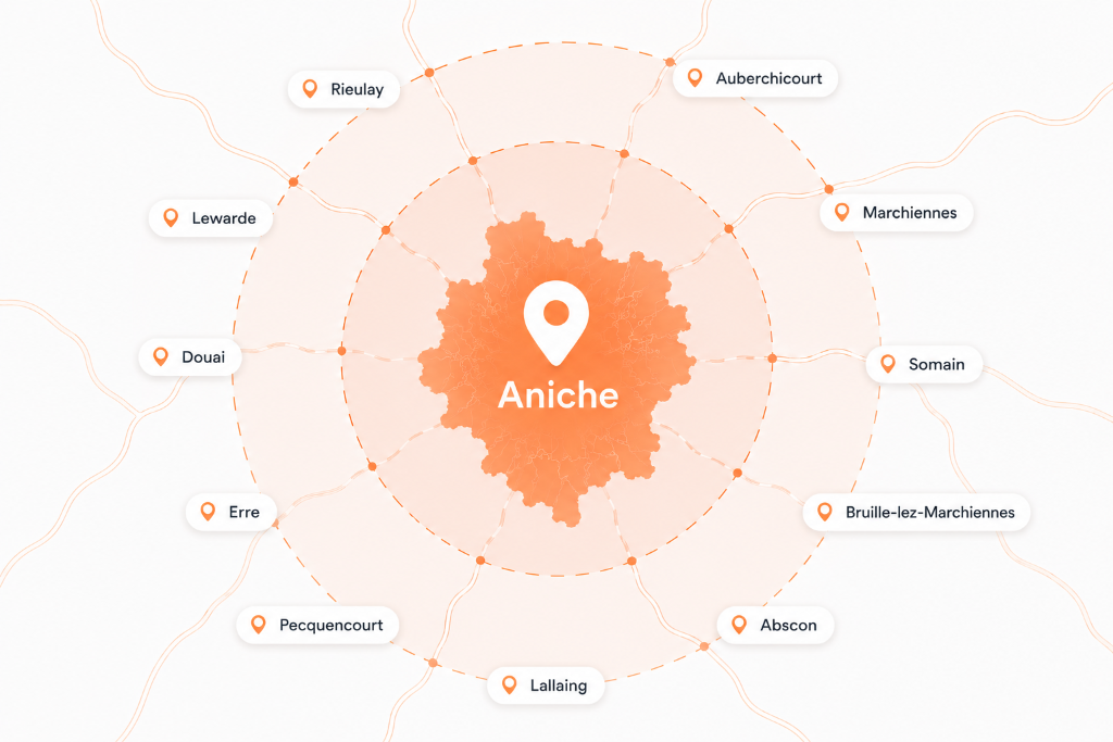 Carte de la zone d'intervention autour d'Aniche — centre d'éducation canine