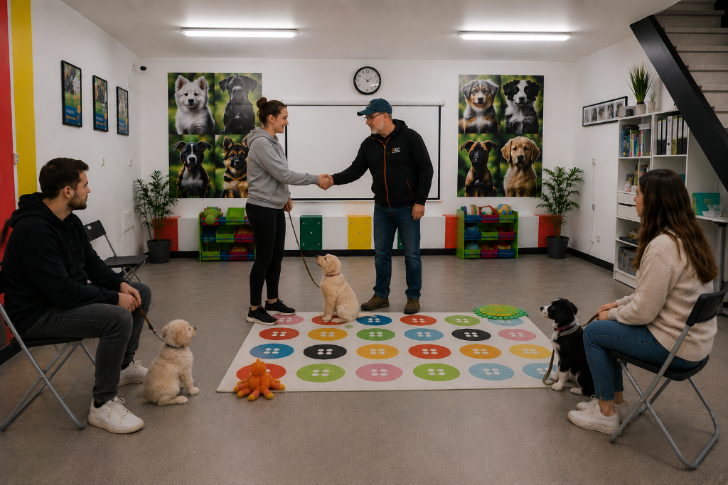 Éducateur qui serre la main d'une maître pendant que son chiot reste assis calmement
