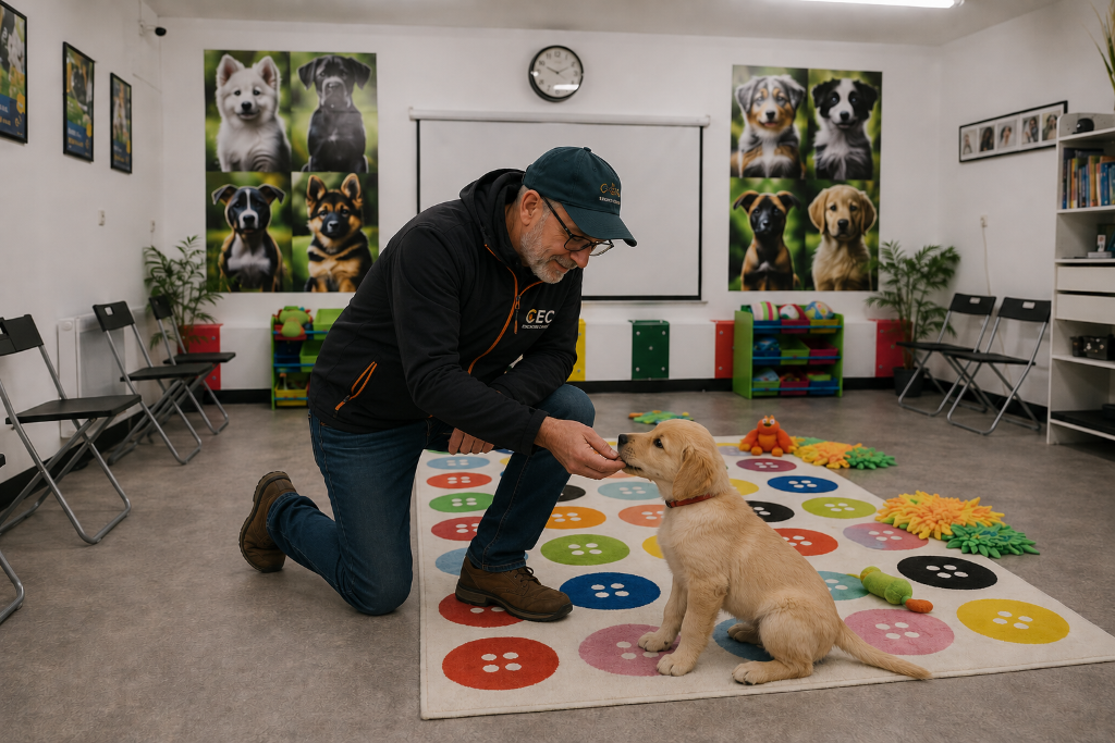 Éducateur à genoux qui travaille avec un chiot golden retriever en classe des maternelles
