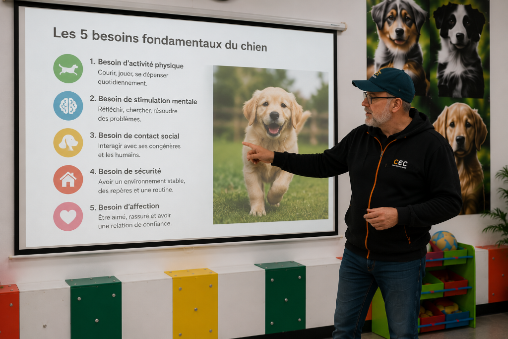 Éducateur qui présente les 5 besoins fondamentaux du chien sur l'écran de la classe