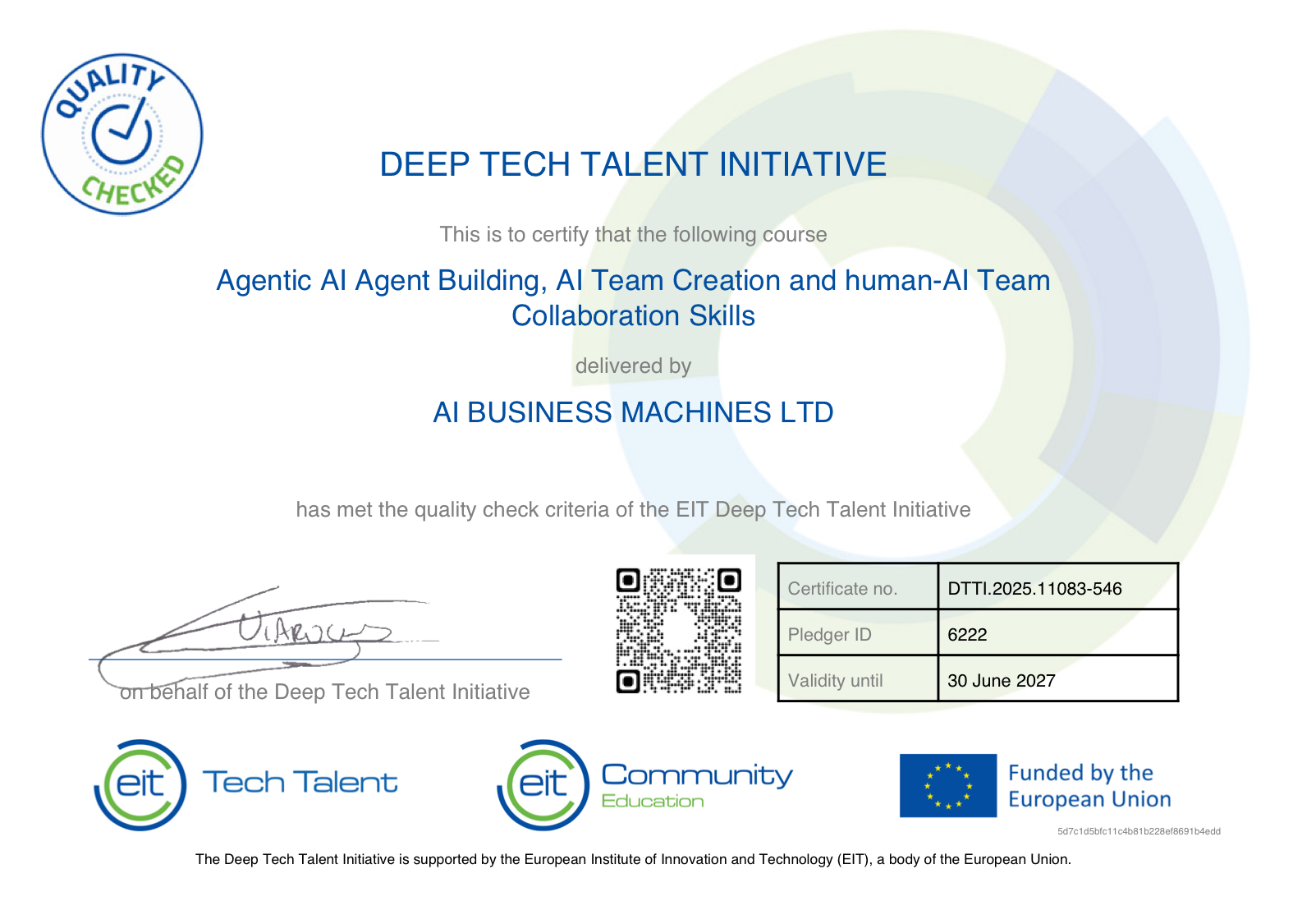 EIT Deep Tech Talent Initiative Certificate — Agentic AI Agent Building, AI Team Creation and Human-AI Team Collaboration Skills