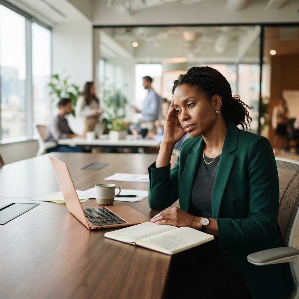 A Black professional woman in her 40s as the focal leader — Stop Calling Your Exhaustion 'Leadership': The Executive Lie You Need to Quit