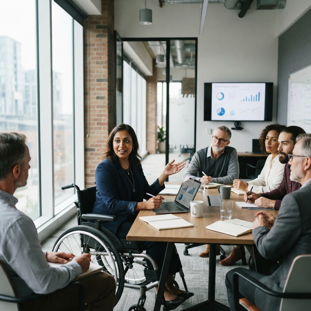 A professional with a visible disability (wheelchair user) leading a meeting — The Manager Layer Isn't Just Breaking—It's Being Crushed by Your Corporate BS
