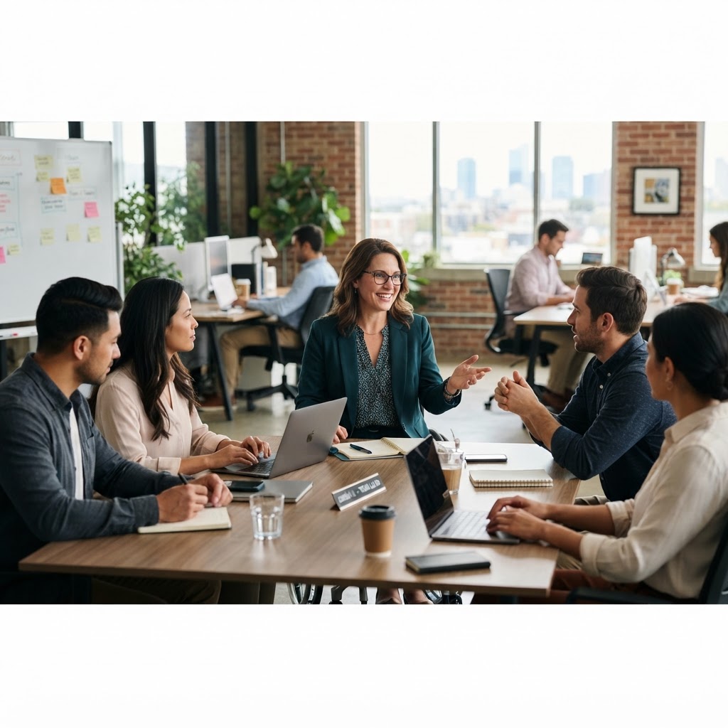 A professional with a visible disability (wheelchair user) leading a meeting — Stop Blaming AI for Your Toxic Culture: The Real Culprit is Your Leadership