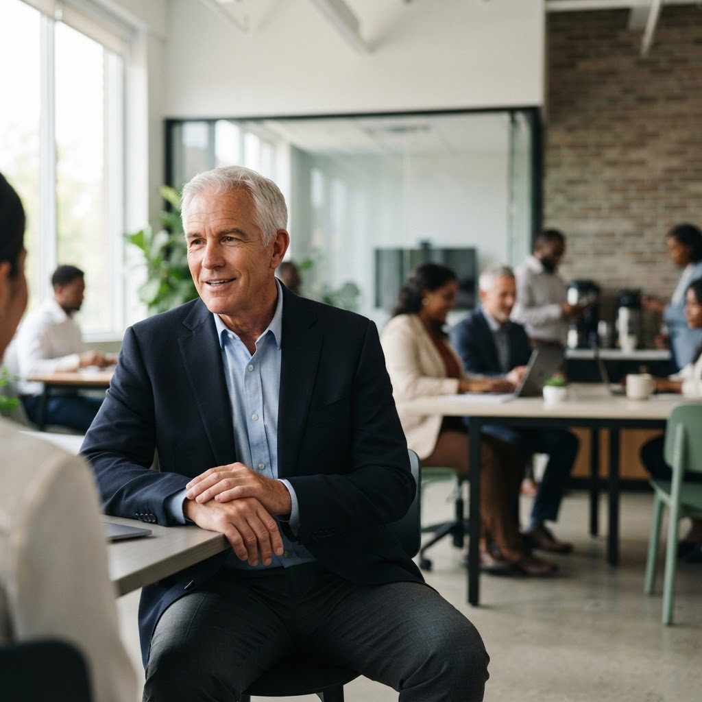 An older professional in their 60s with gray hair, confident and experienced — Stop Pretending Zoom Is Enough: Why Intentional Business Travel is Your Competitive Edge
