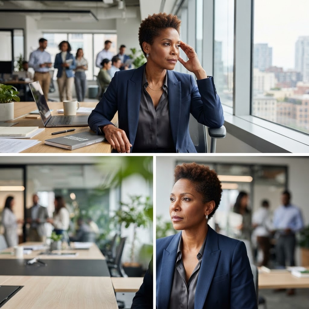 A Black professional woman in her 40s as the focal leader — Stop Calling Burnout 'Dedication': Why Your Executive Culture Is Failing