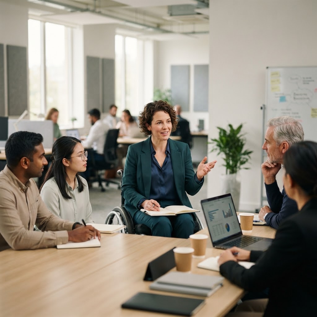 A professional with a visible disability (wheelchair user) leading a meeting — Stop Trying to 'Fix' Generations: The Real Reason Your Best People Won't Lead