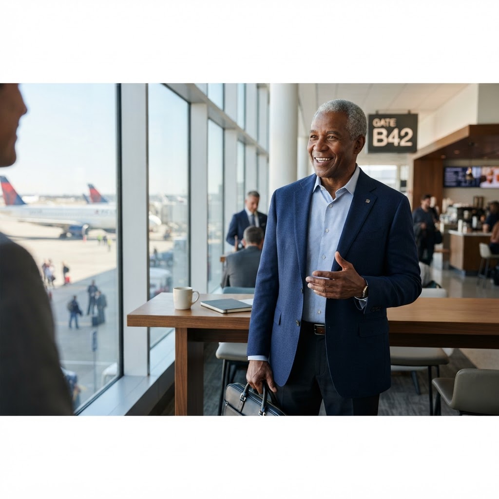 An older professional in their 60s with gray hair, confident and experienced — Stop Calling Business Travel a Burden: Why You Need to Get on the Plane