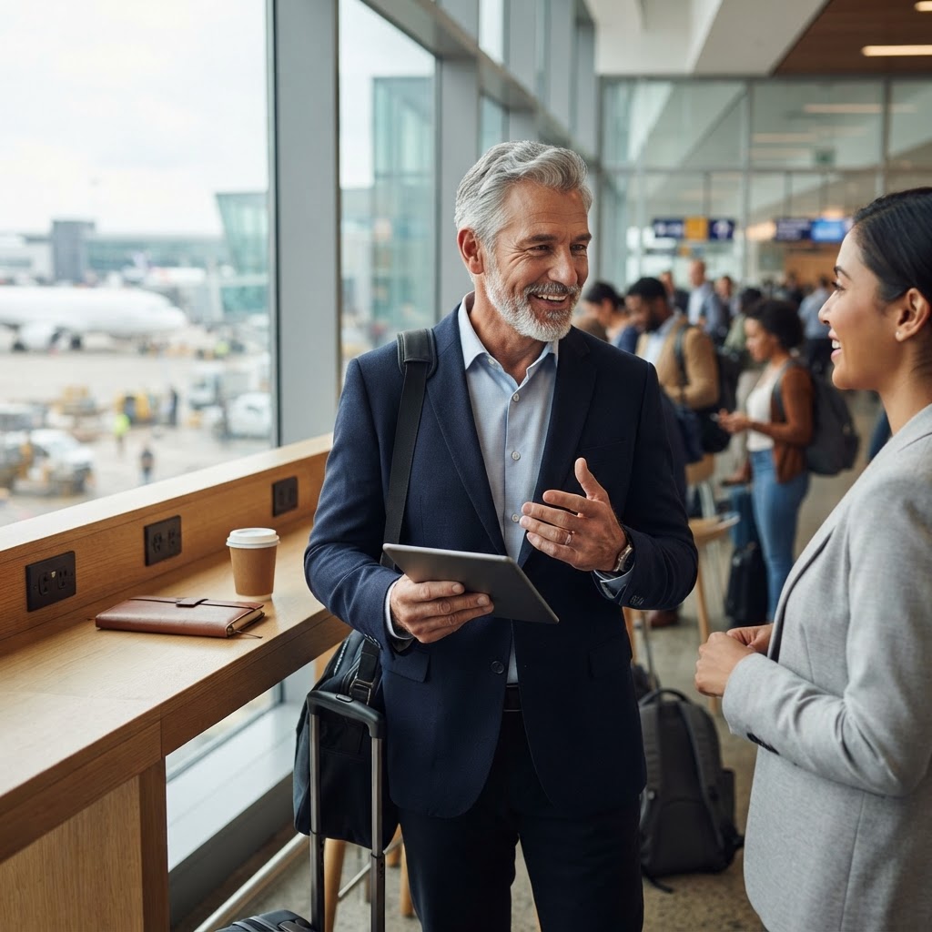 An older professional in their 60s with gray hair, confident and experienced — Stop Calling Business Travel a Burden: It Is Your Secret Weapon