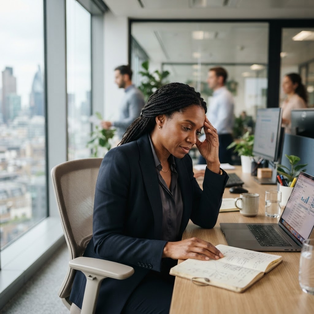 A Black professional woman in her 40s as the focal leader — Stop Calling It Resilience: Why Your Executive Burnout Is Actually A Failure Of Strategy