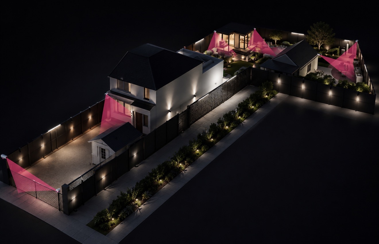 Isometric 3D rendering of a residential property at night with magenta detection zones covering the perimeter