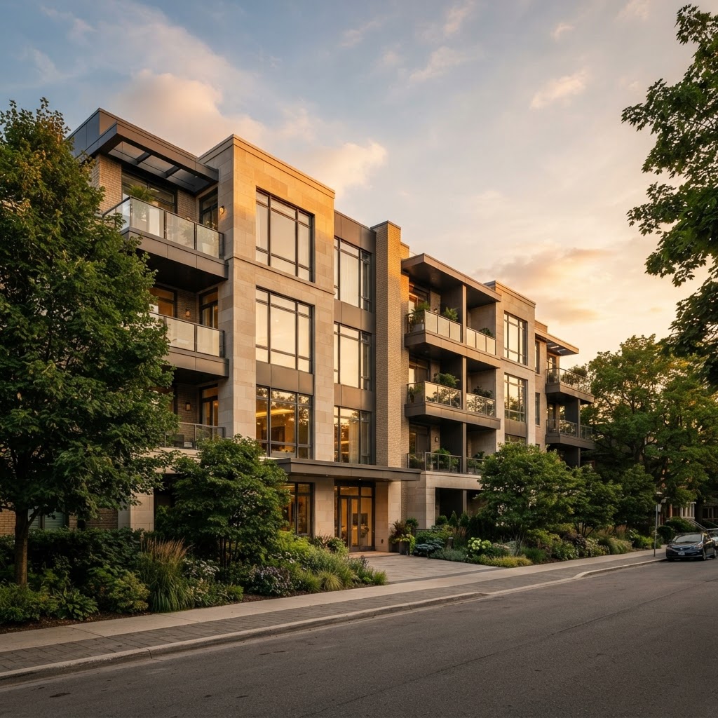 Contemporary multifamily residential building at golden hour