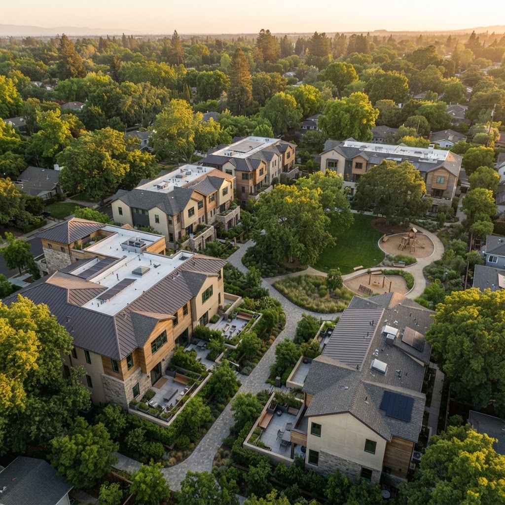 Elevated view of a modern residential townhome community