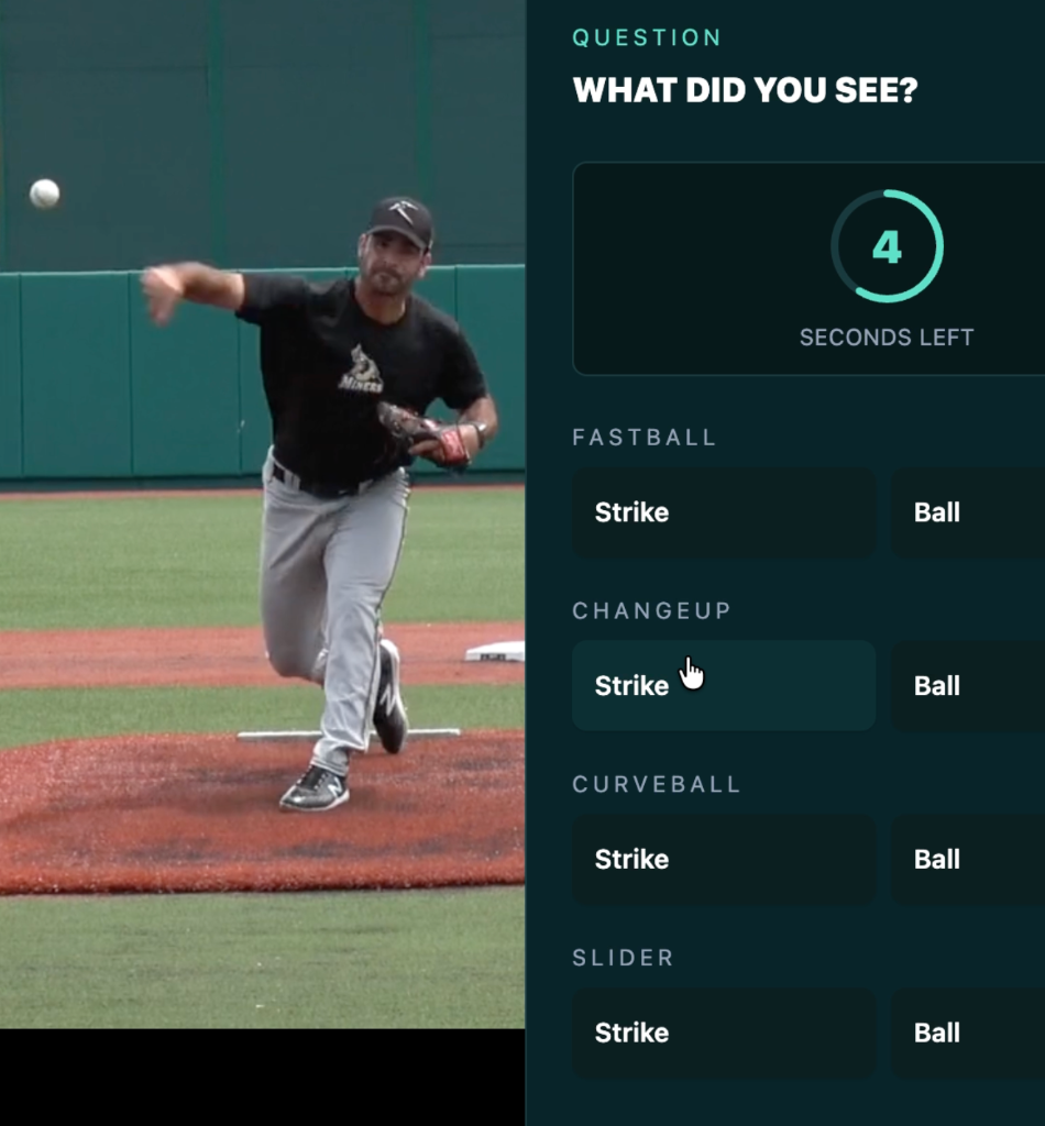 SRT Baseball test interface showing pitch recognition question