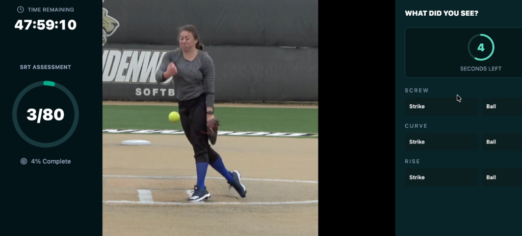 SRT Softball test interface showing pitch recognition question