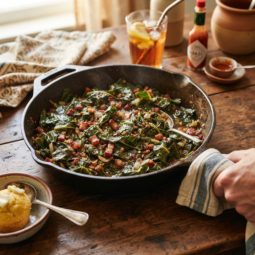 Pan-Seared Mustard & Collard Greens with Smoked Garlic & Cider
