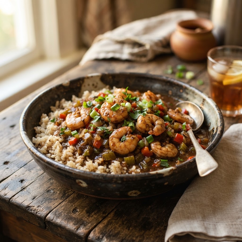 Creole Tomato Shrimp Etouffee over Brown Rice