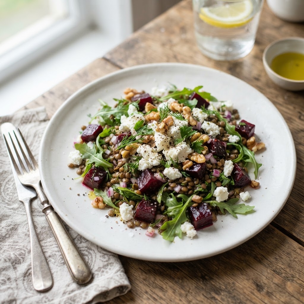 French Green Lentil Salad with Roasted Beetroots & Goat Cheese