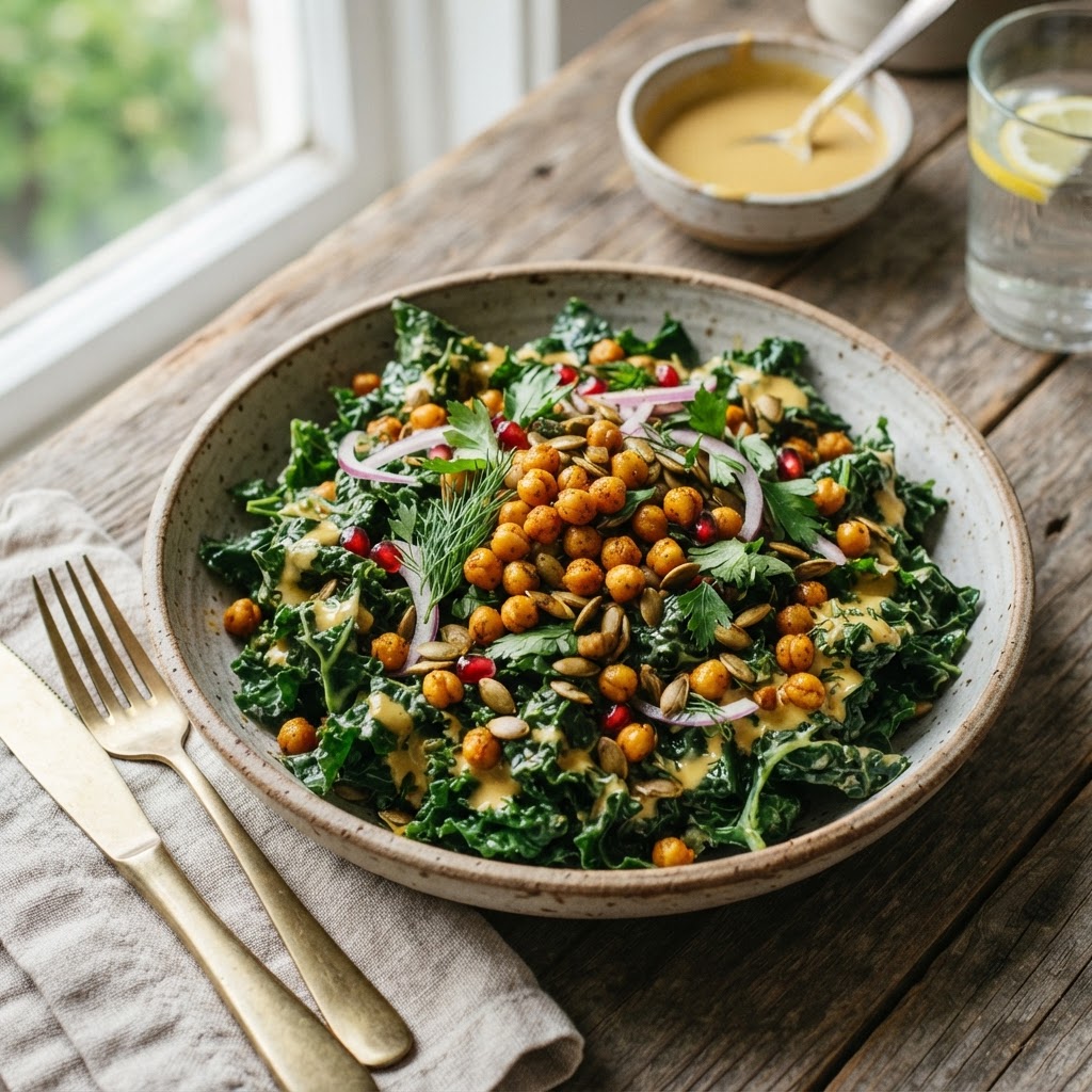 Crispy Massaged Kale Salad with Golden Tahini & Roasted Chickpeas