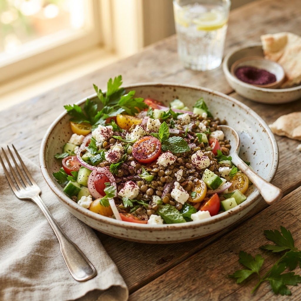 Mediterranean Chilled Lentil, Feta & Herb Salad with Sumac Dressing